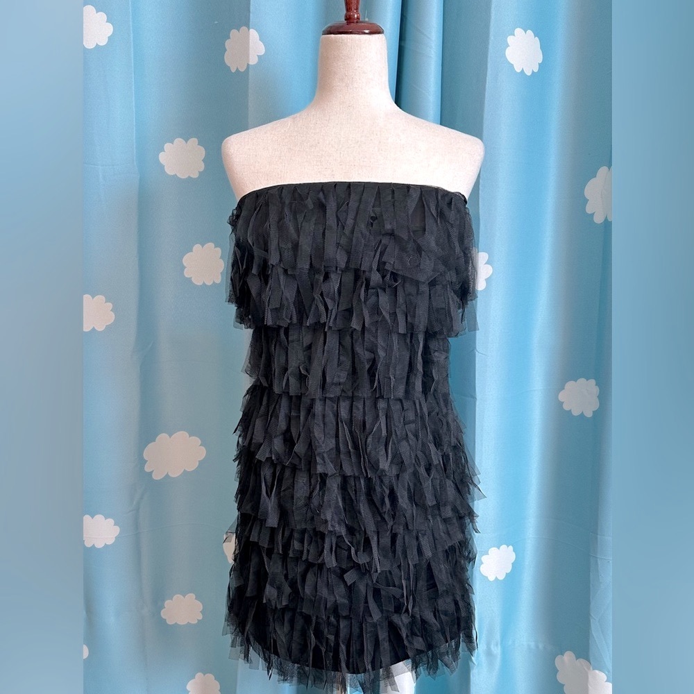 Ann Taylor tulle fringe strapless dress.